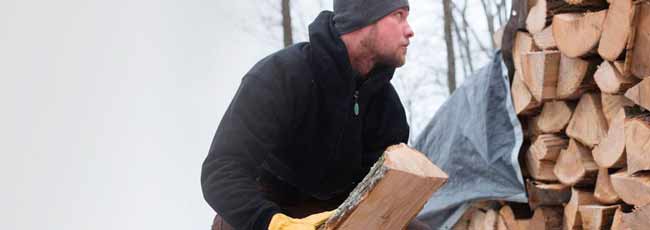 arborist in the winter stacking wood